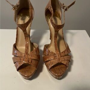 Women’s Tan Cork-Pattern T-Strap High Heel Sandals